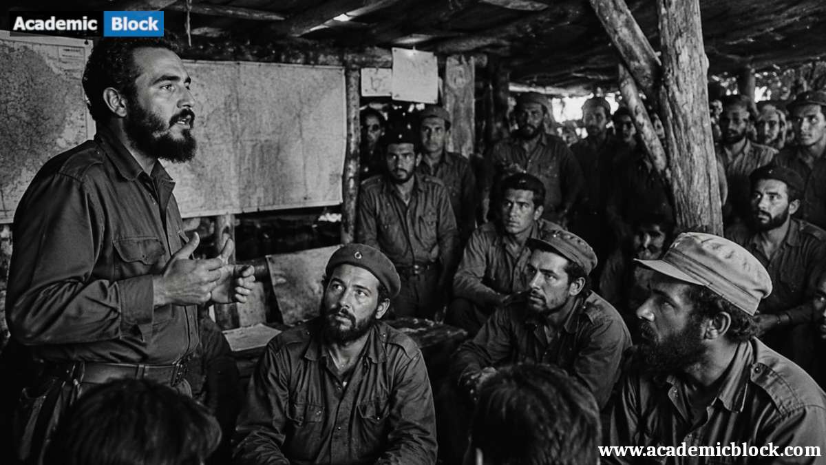 Fidel Castro speaking to revolutionary fighters in a mountain command post during the Cuban Revolution.