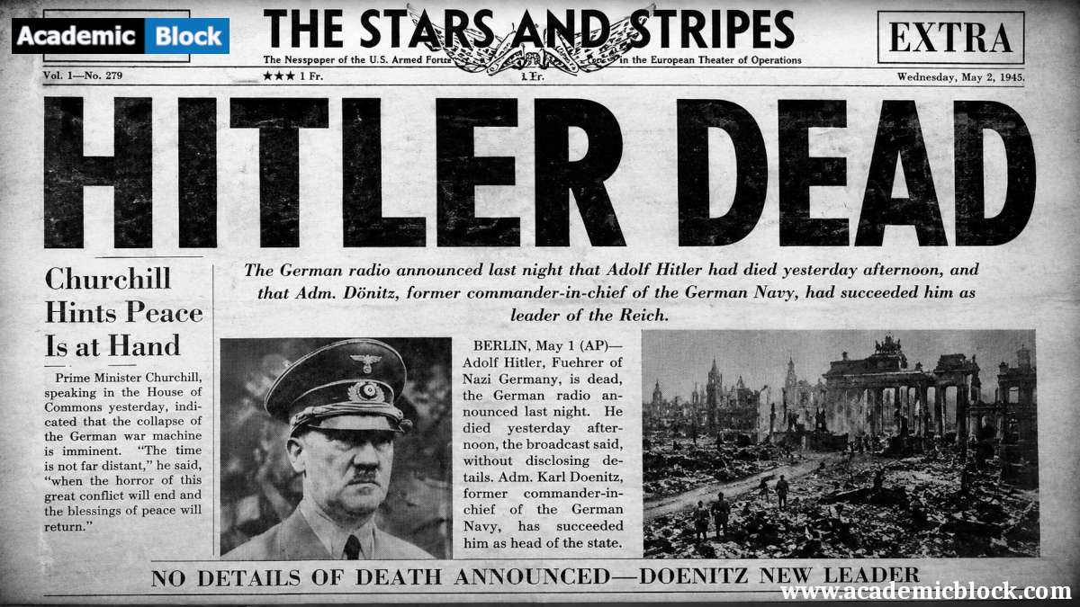 A vintage black-and-white newspaper front page announcing “HITLER DEAD” with wartime photos and headlines.