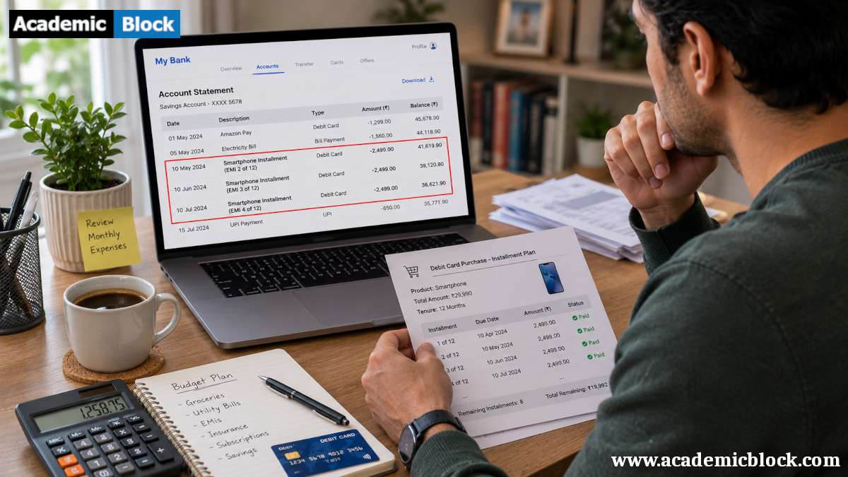 A person reviews bank statements and recurring installment charges from a debit card purchase while managing their monthly budget in a home office.