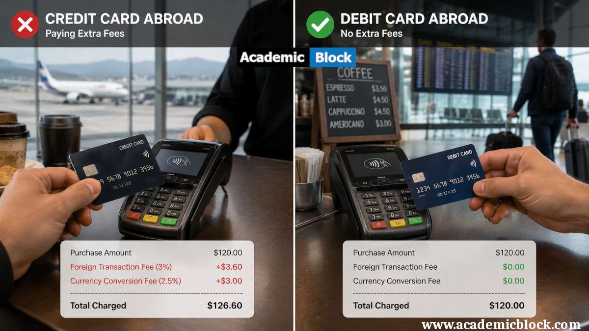 A split-screen travel payment comparison showing a traveler paying extra foreign fees on a credit card versus no extra charges on a debit card.