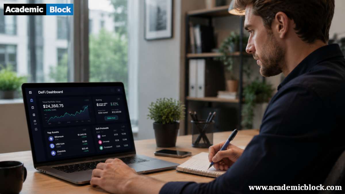 Image shows a professional working on a laptop with a DeFi dashboard displaying crypto charts and financial data beside handwritten notes.