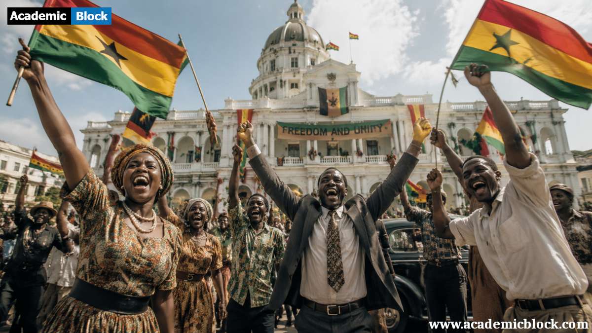 A jubilant independence celebration in a post-colonial city, with people waving national flags in front of grand colonial architecture, expressing unity and national pride.