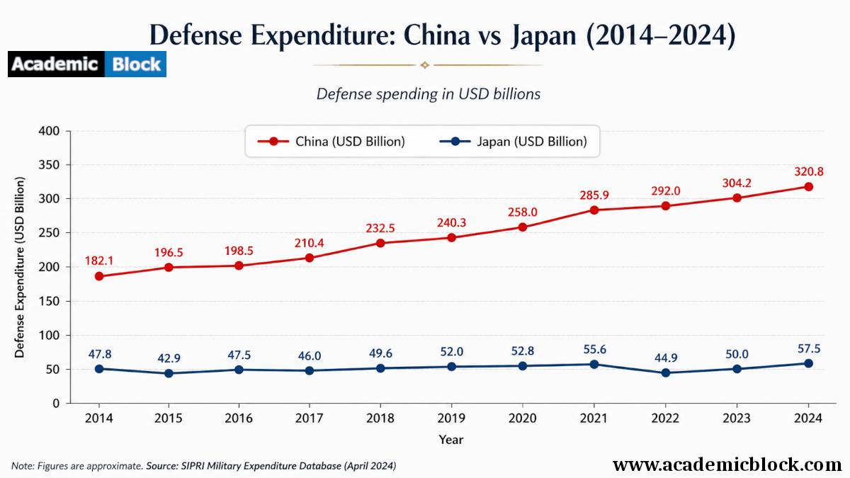 Image showing the trend in defense expenditure made by Japan and China in last ten years.