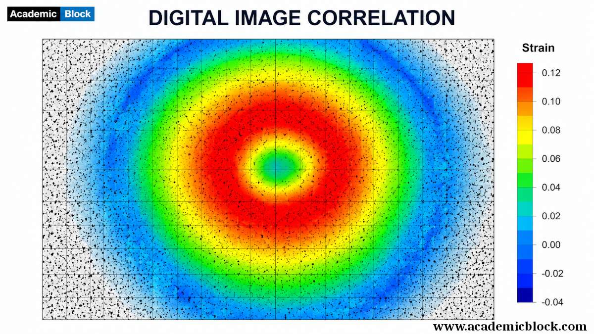 A high-resolution digital image correlation (DIC) strain map showing concentric deformation patterns, with color-coded strain levels overlaid on a speckled measurement grid and a strain scale legend on the right.