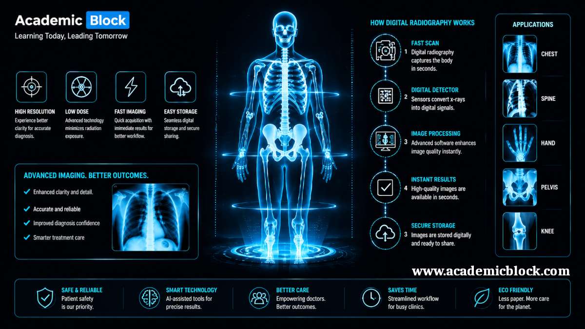 Digital radiography infographic showing a glowing human skeleton, scan lines, and advanced X-ray workflow in a sleek medical interface.