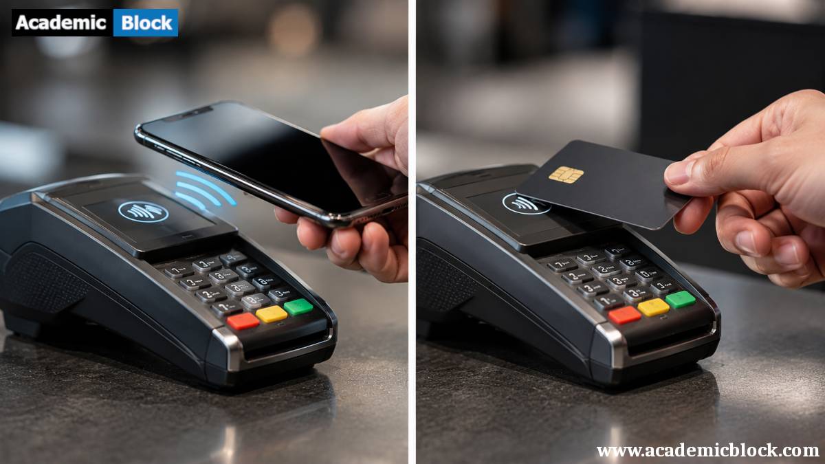 Split-screen close-up comparing a smartphone digital wallet and a physical credit card making contactless payments at identical payment terminals.