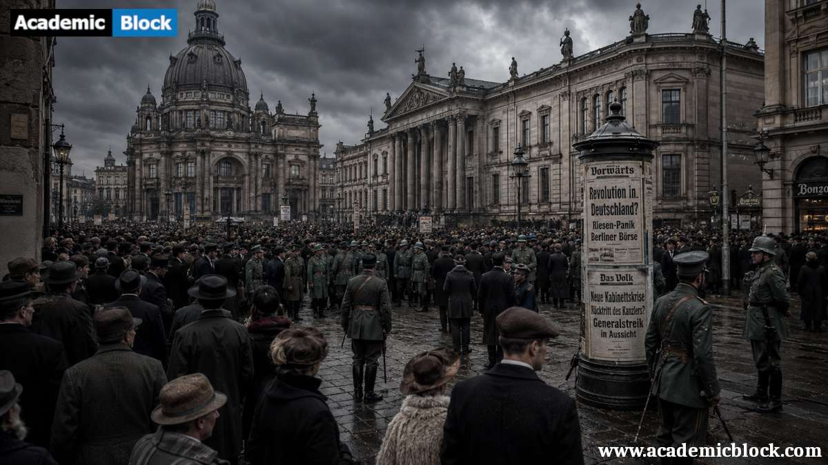 Crowds gather outside a government building in 1918 as soldiers maintain order amid a growing political crisis and public uncertainty.