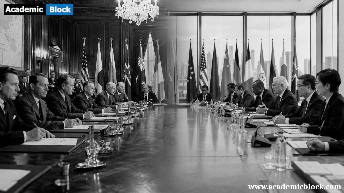 Image showing a diplomatic meeting illustrating the evolution of international negotiations from the 1940s to the present.
