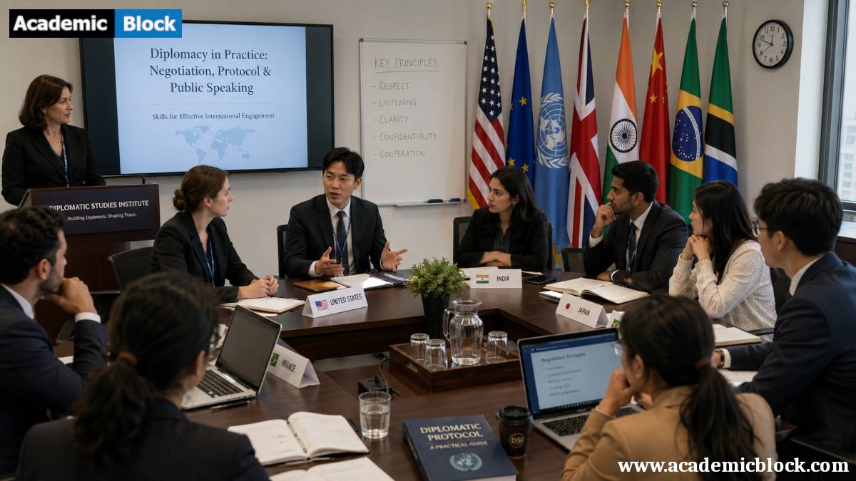 Diplomatic training session with international participants engaged in negotiation and discussion.