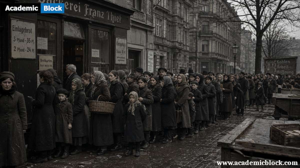 Long lines of Berlin civilians wait outside a bakery in winter 1918, clutching ration cards amid food shortages, hardship, and growing wartime unrest.