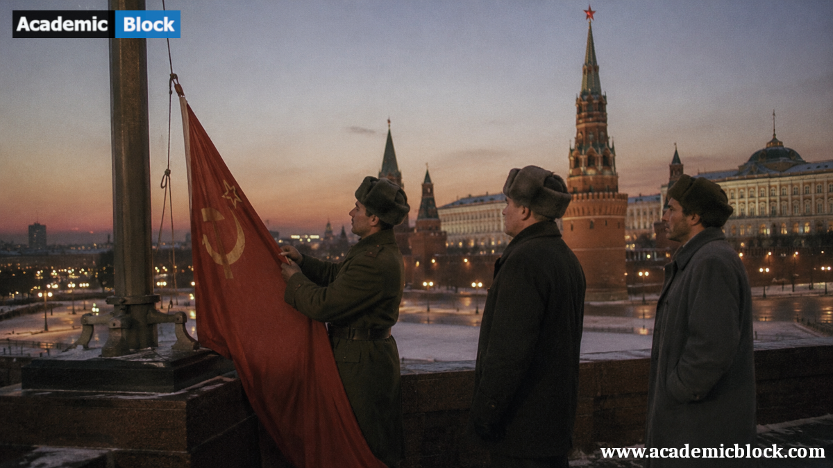 Three men stand solemnly by the Kremlin at dusk as a Soviet flag is lowered in a snowy winter scene.