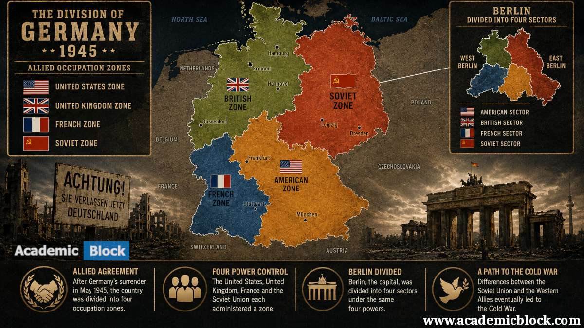 Map of Germany’s 1945 division into four Allied occupation zones, featuring split Berlin, vintage Cold War styling, and dramatic post-war atmosphere.