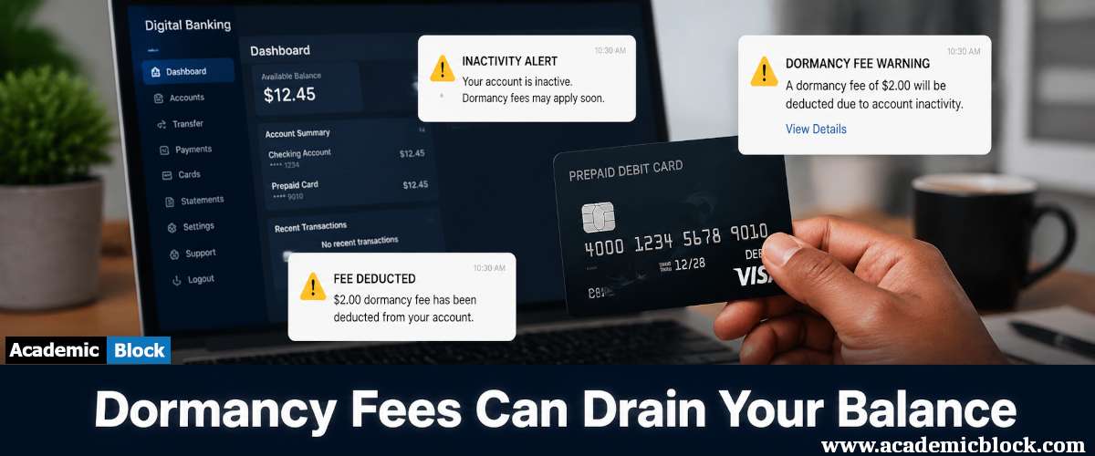 Hand holding a prepaid debit card with warning alerts about inactivity fees displayed over a digital banking dashboard.