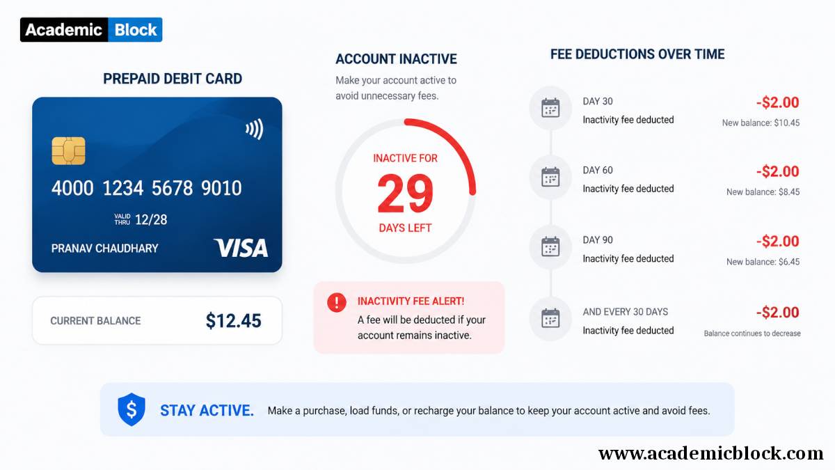 Infographic showing a prepaid debit card, inactivity countdown timer, and gradual fee deductions over time. Clean financial graphics highlight the impact of dormancy fees.