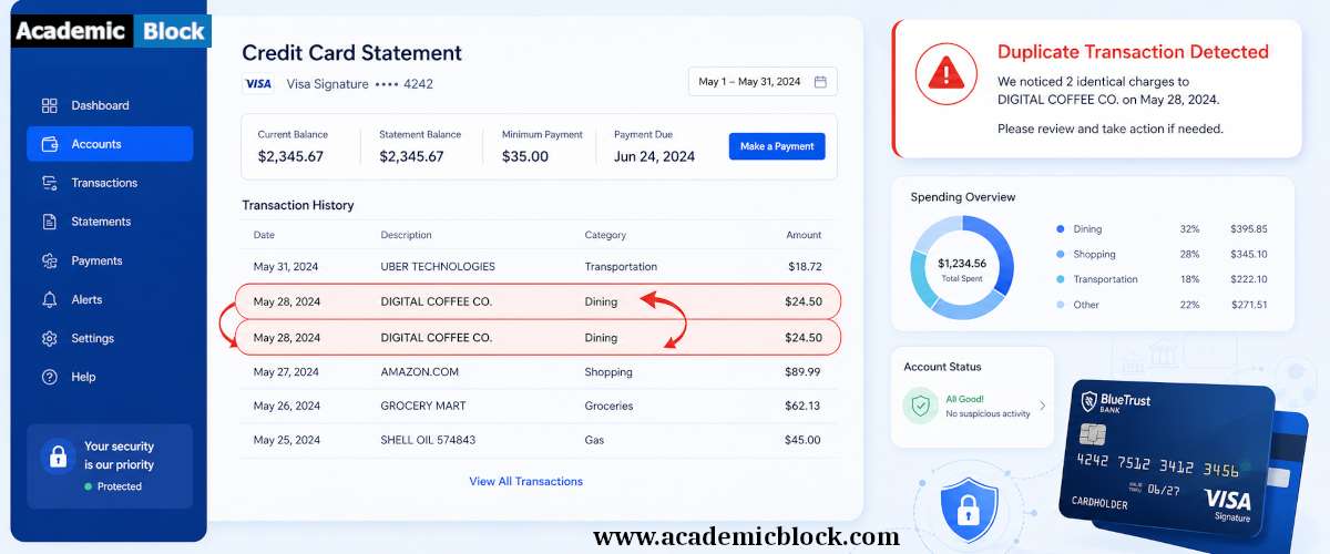 Image shows a banking dashboard highlighting duplicate credit card transactions with red circles, warning arrows, and a