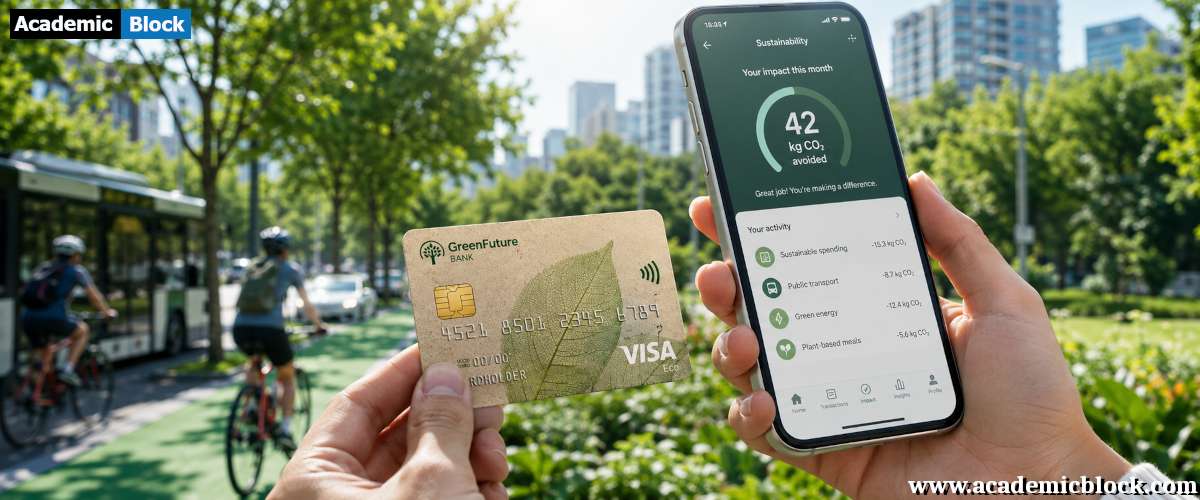 A hand holds an eco-friendly credit card and a smartphone displaying sustainability metrics, set against a green urban park with cyclists and clean transportation, highlighting responsible digital banking.