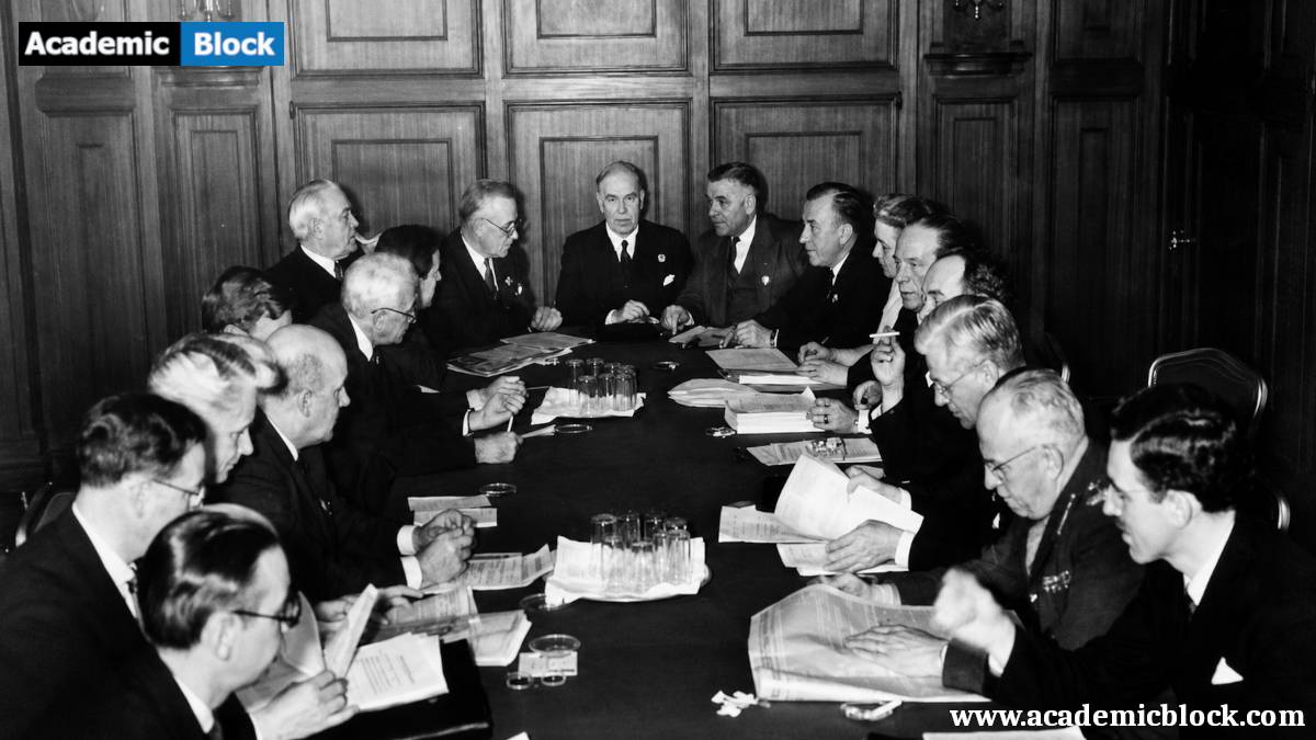 Delegates gather around a conference table during the historic meetings that led to the establishment of the United Nations in 1945.