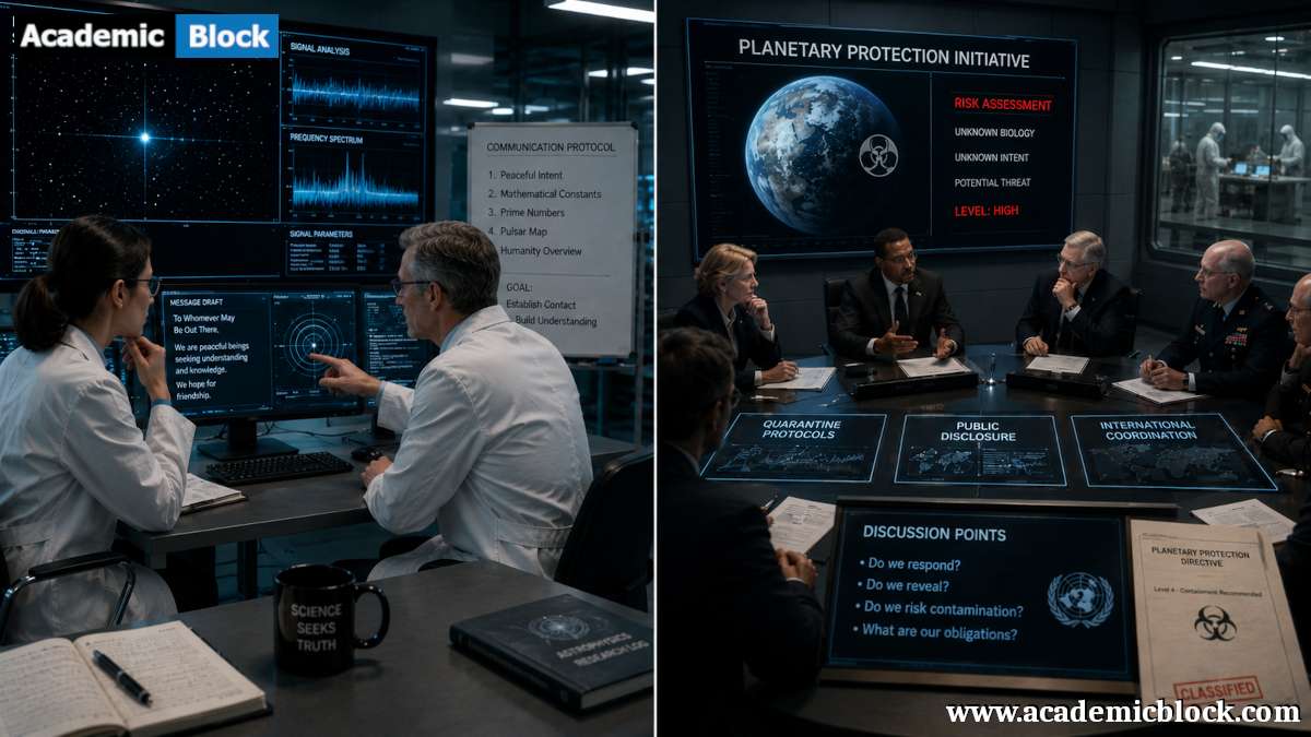 A split-scene showing scientists preparing a response to an alien signal while officials debate planetary protection measures.
