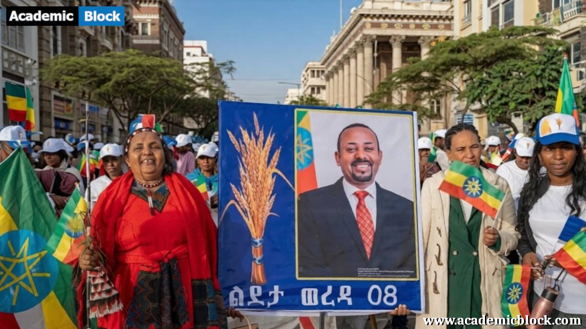 Ethiopian supporters at a vibrant political rally holding flags and a large banner with Prime Minister Abiy Ahmed and wheat sheaf symbol.