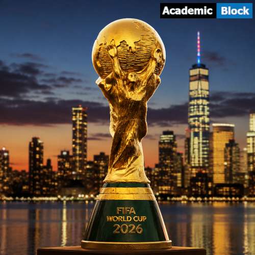 A golden FIFA World Cup-style trophy stands prominently against a glowing city skyline at dusk, with illuminated skyscrapers and waterfront reflections in the background.