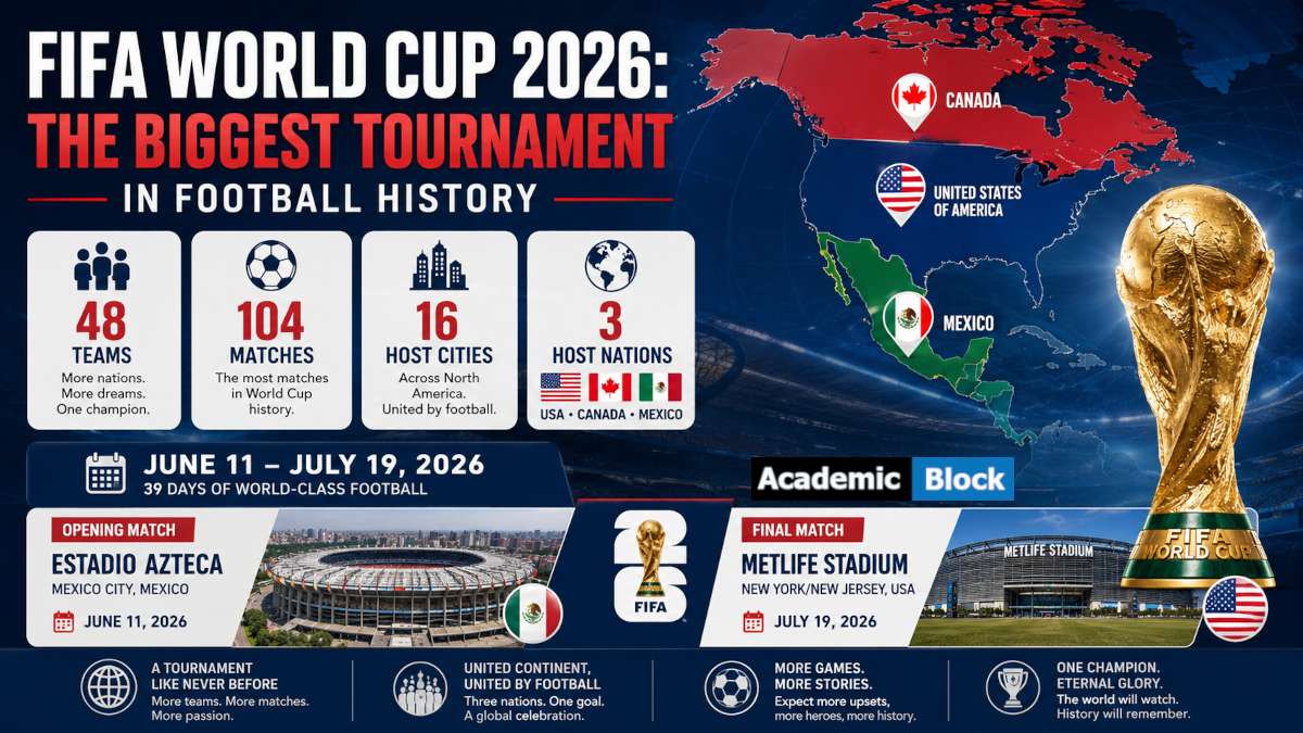 Infographic showcasing the tournament's historic expansion with 48 teams, 104 matches, 16 host cities, and three host nations across North America.The graphic highlights the opening match at Estadio Azteca, the final at MetLife Stadium, and key tournament details with football-themed visuals and host nation flags.