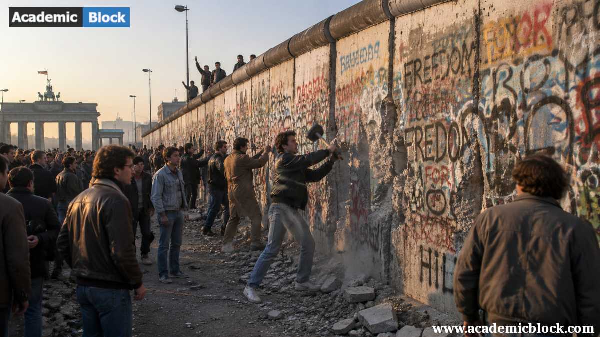 People break apart the graffiti-covered Berlin Wall as a crowd watches near the Brandenburg Gate.
