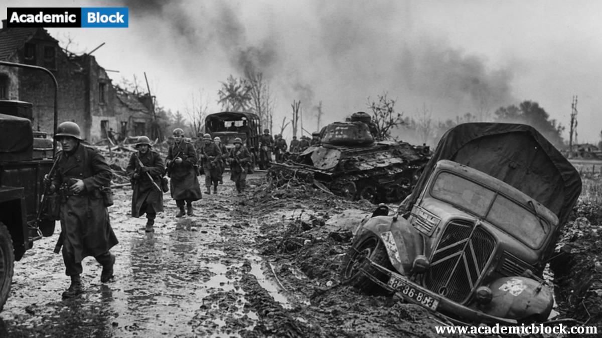 French soldiers retreat through a muddy, smoke-filled battlefield during the Fall of France in World War II, with wrecked vehicles and ruined roads around them.