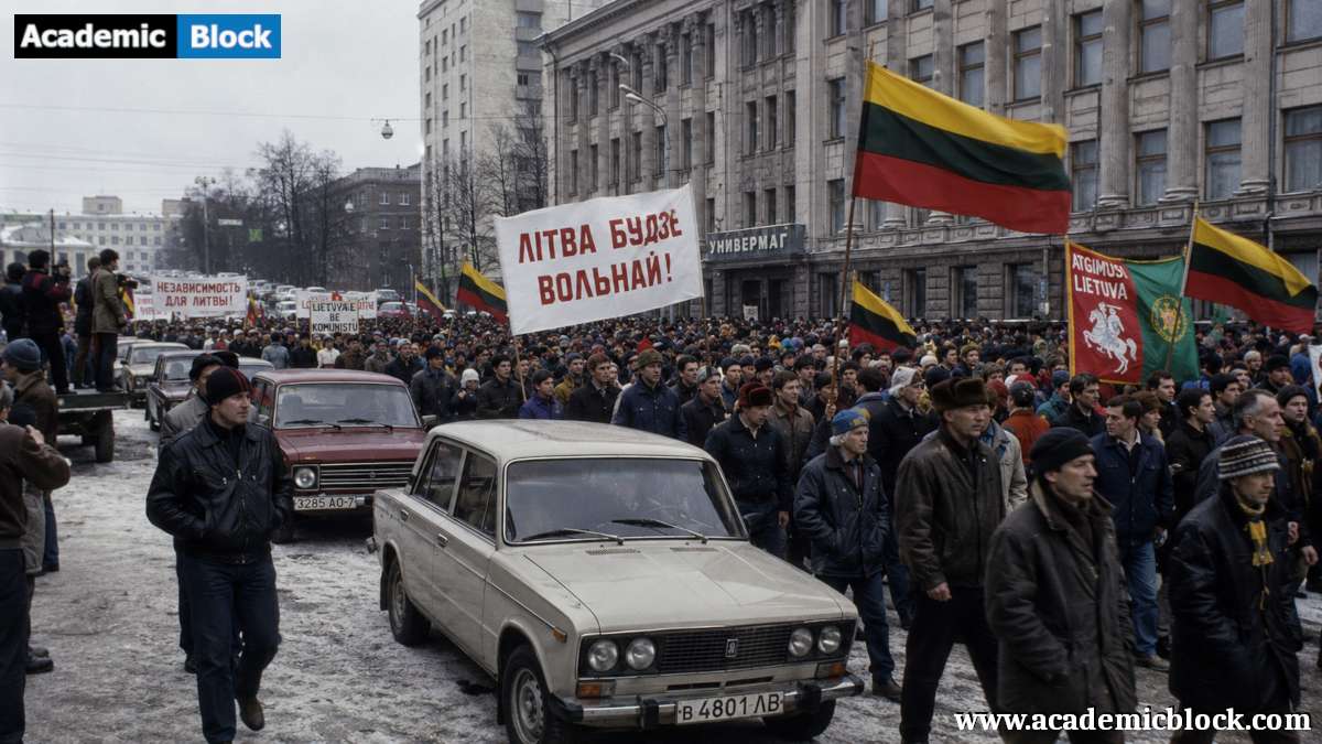 The final months of the Soviet Union unfold as crowds carrying emerging national flags march through a winter street, symbolizing political change, independence movements, and the fragmentation of a fading superpower in 1991.