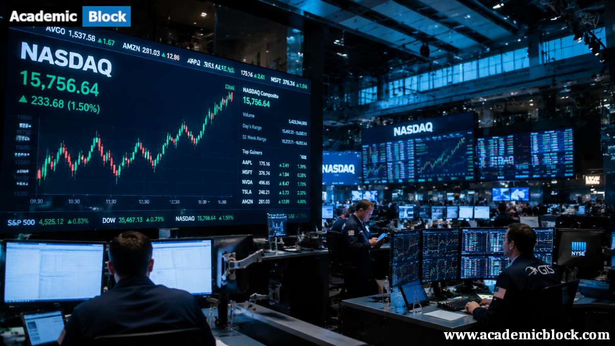 A wide view of a modern stock trading floor with large NASDAQ digital screens showing market charts and active trading data, surrounded by analysts working at computer stations.