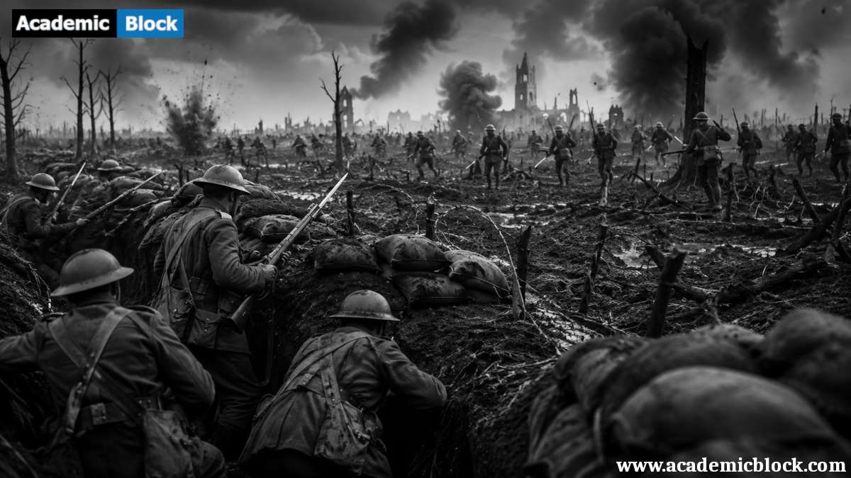 Image showing the First Battle of Ypres, showing soldiers defending muddy trenches amid artillery fire and a devastated battlefield.