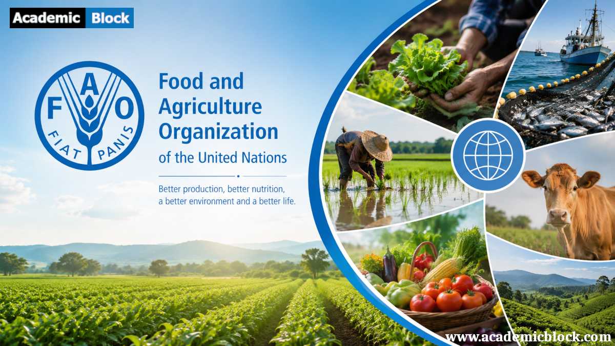 FAO logo with modern agricultural imagery representing global food security, sustainable farming, and rural development.