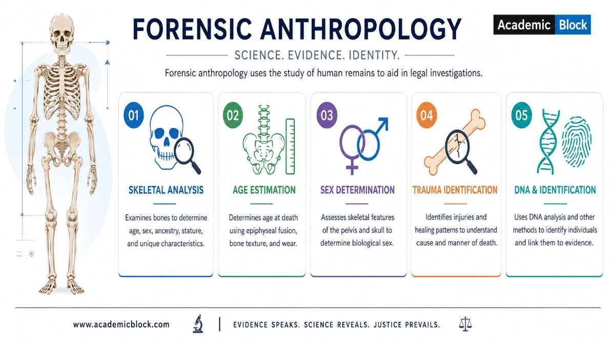 An infographic on forensic anthropology showing a skeleton and steps like skeletal analysis, age and sex estimation, trauma identification, and DNA testing to identify human remains.