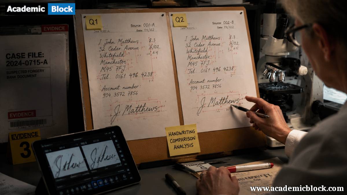 Forensic examiner comparing handwritten documents with annotated evidence in a lab.