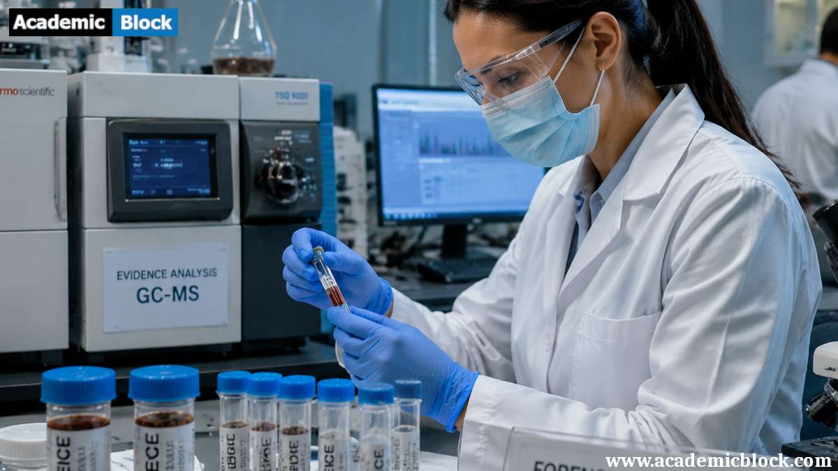 A forensic scientist in protective gear analyzing evidence samples in a modern, high-tech laboratory with GC-MS equipment and labeled test tubes.