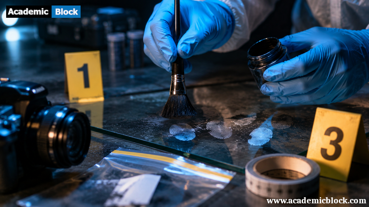 A forensic investigator dusting a glass surface for fingerprints using professional crime scene investigation tools.