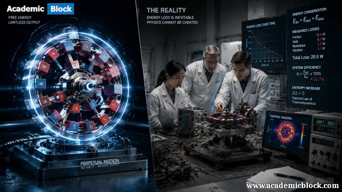Split-screen lab showing a glowing free-energy concept versus scientists proving real energy loss and thermodynamics limits.