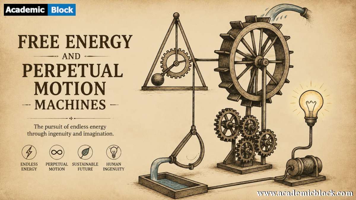 Illustration of a complex mechanical perpetual motion machine labeled “Free Energy,” featuring gears, water flow, and a wheel system.