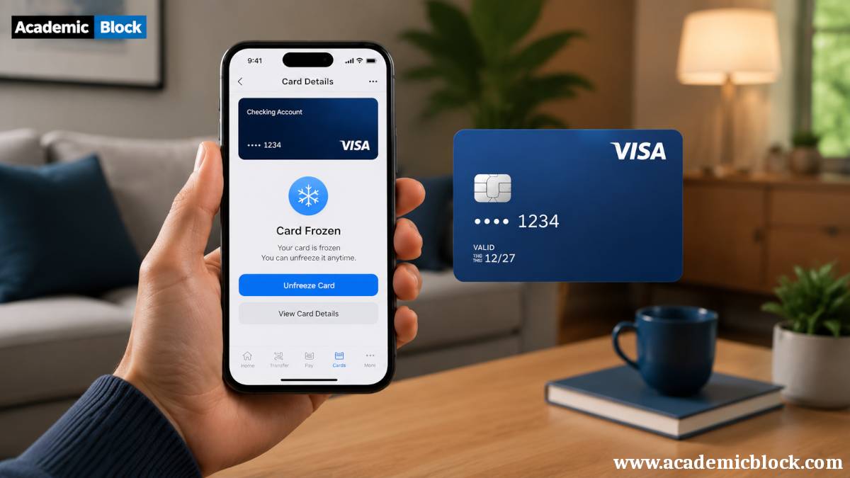 A smartphone showing a frozen credit card in a card control app, with a credit card icon beside it.