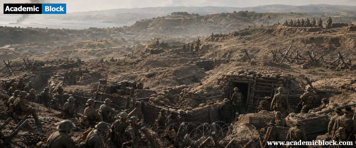 World War I soldiers occupy opposing Gallipoli trenches across rugged hills, surrounded by sandbags, dugouts, and barbed wire in a tense battlefield setting.