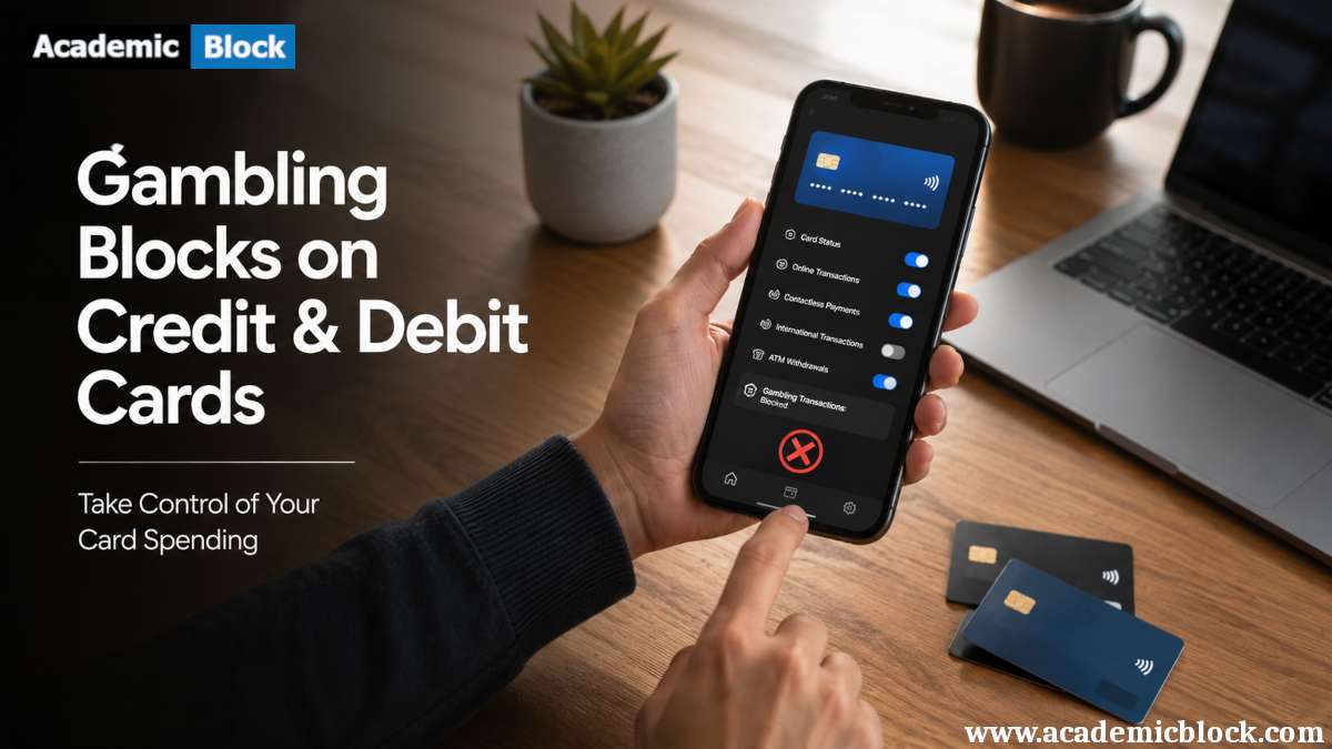 Person using a mobile banking app to manage card settings with debit and credit cards on a modern desk.