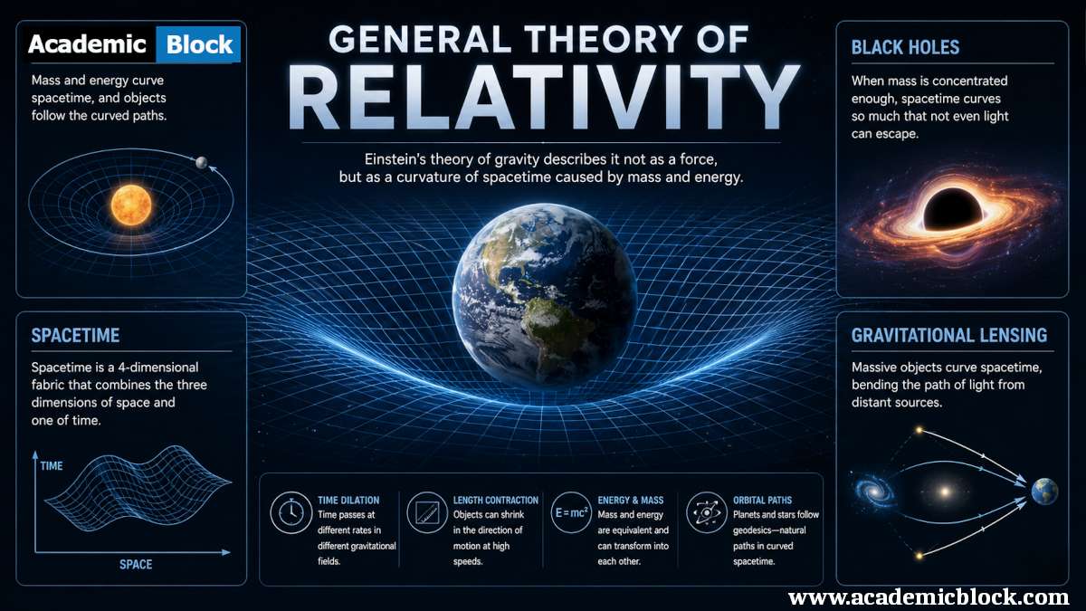 Infographic explaining the General Theory of Relativity with spacetime curvature, gravity, and black holes.