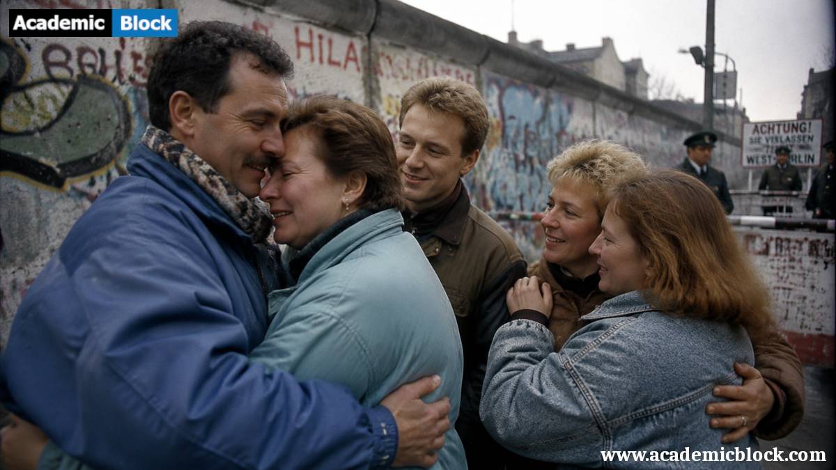 Scene of emotional reunification during the fall of the Berlin Wall, with East and West Germans embracing in relief and joy amid a graffitied wall, symbolizing German reunification.