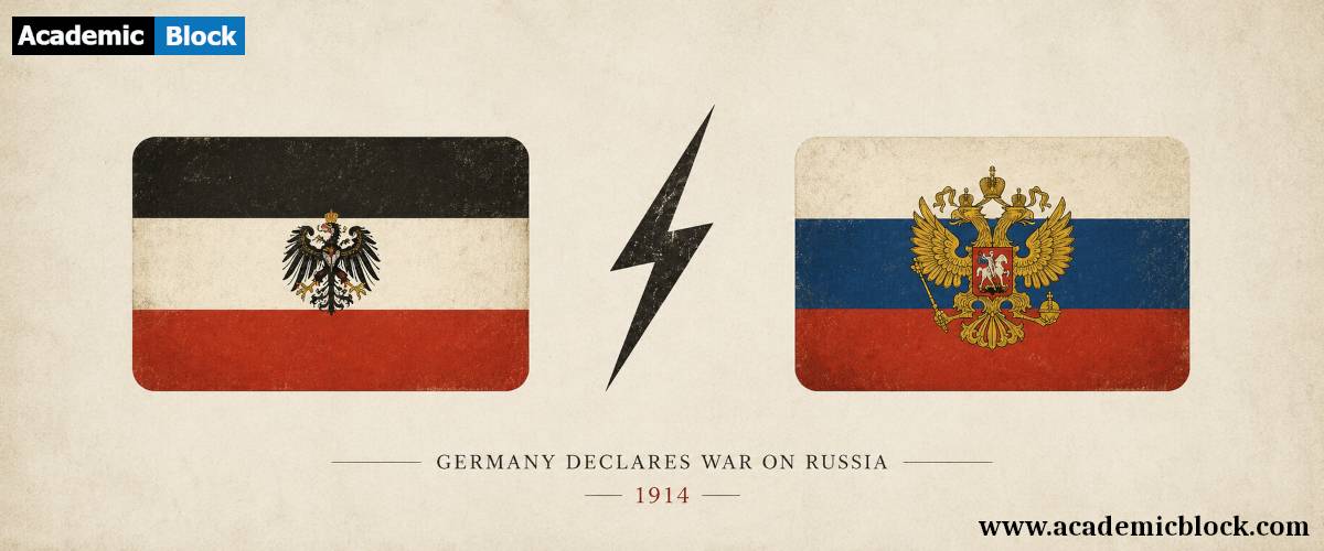 German and Russian flags separated by a lightning bolt, symbolizing Germany’s 1914 declaration of war on Russia.