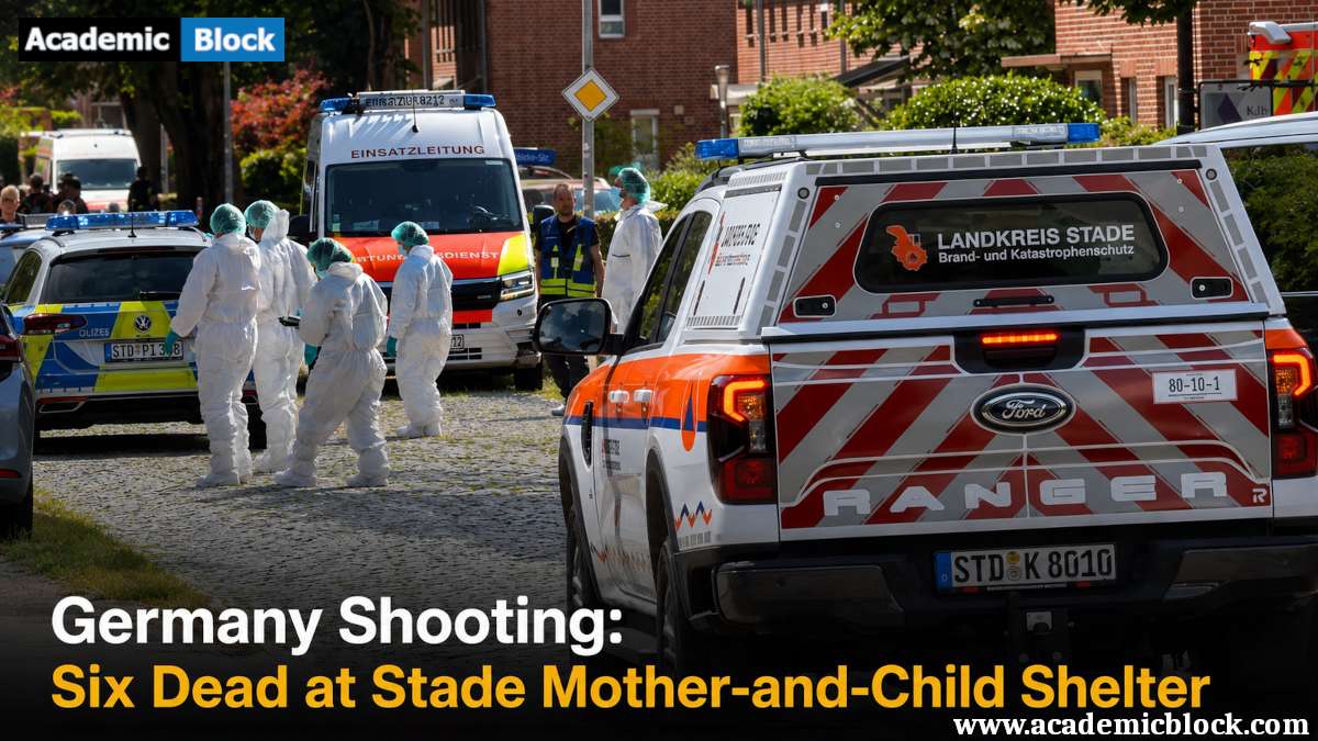 Image showing Emergency responders and police secure the scene after the deadly shooting at a mother-and-child shelter in Stade, Germany.