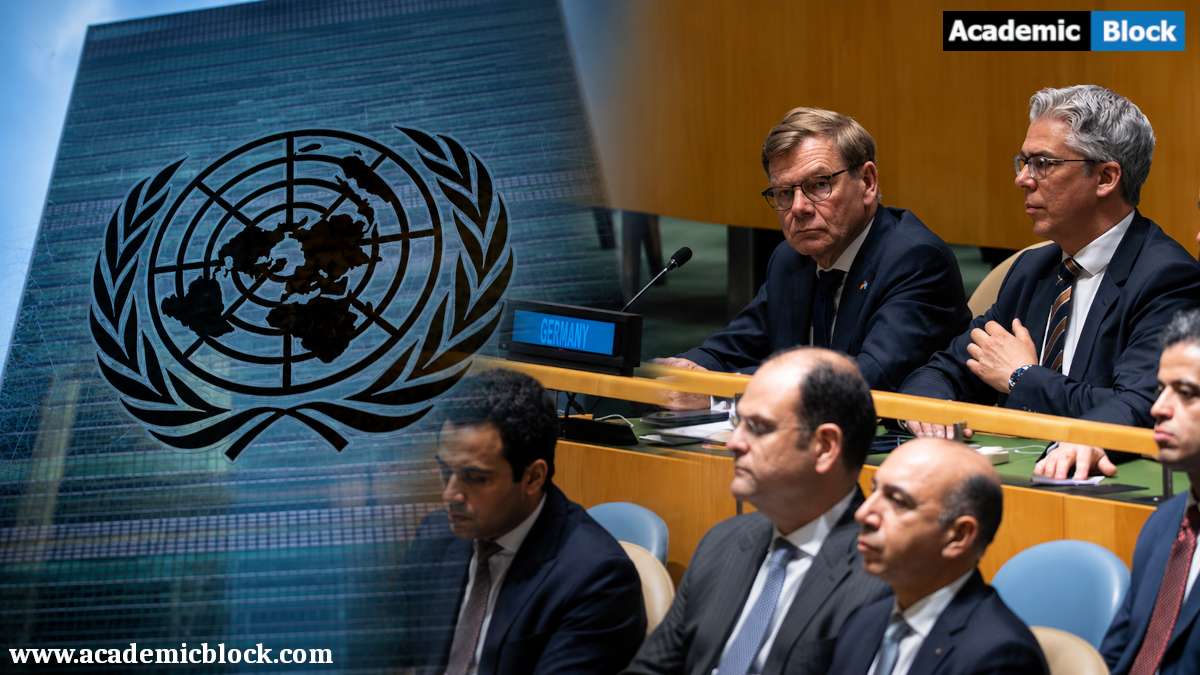  United Nations emblem overlaid on the UN headquarters building, alongside Germany’s delegation seated during a UN Security Council session, illustrating Germany’s failed bid for a non-permanent Security Council seat.