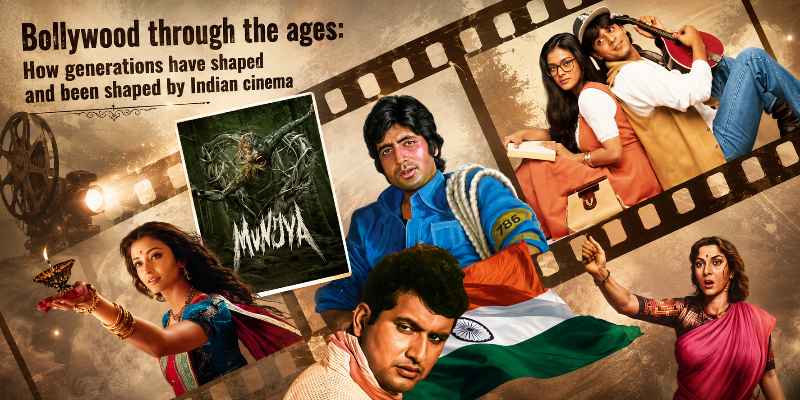 A cinematic collage showcasing the evolution of Bollywood, blending iconic characters, classic legends, and modern storytelling across generations.