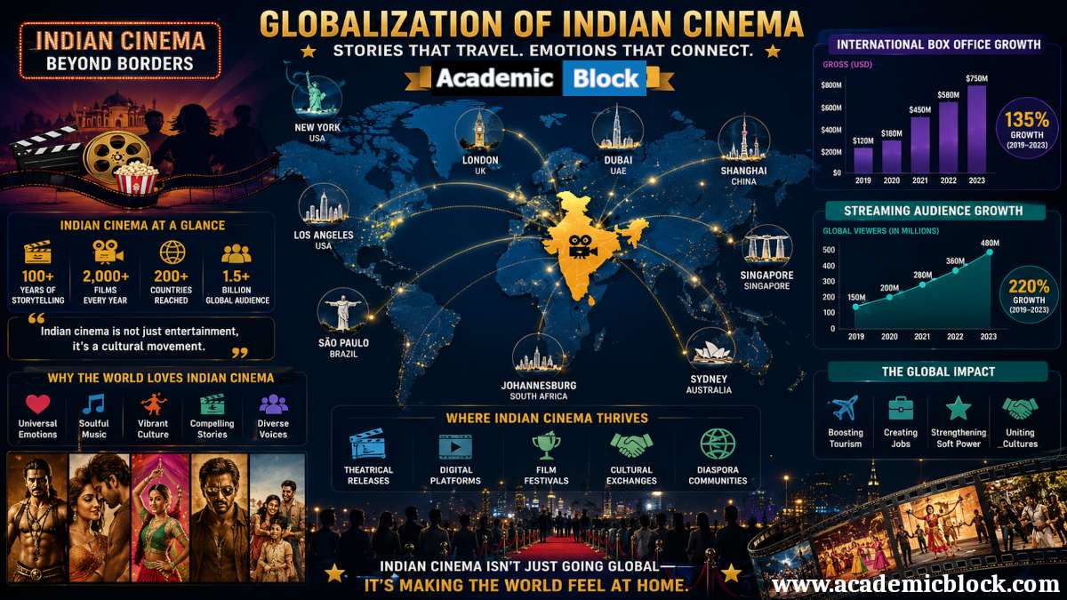 Infographic showing the global reach, growth, and cultural impact of Indian cinema worldwide.