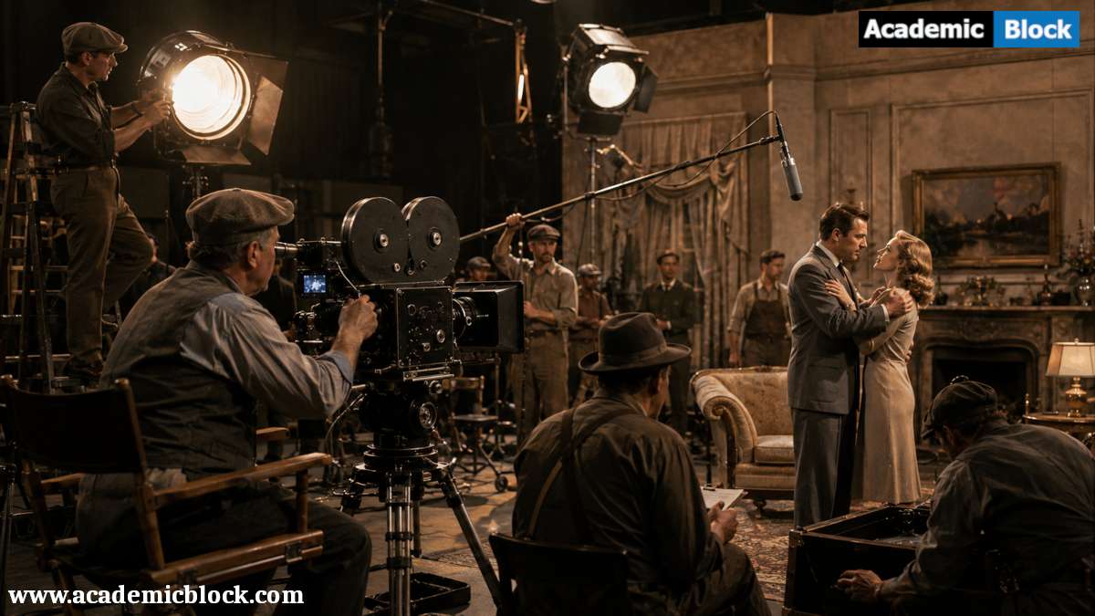 Vintage Hollywood soundstage with a film crew, classic cameras, studio lights, and actors performing during the Golden Age of Hollywood.