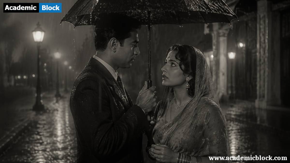 Romantic rainy-night scene inspired by the Golden Era of Indian Cinema, featuring a vintage couple under an umbrella with soft film noir lighting and nostalgic street reflections.