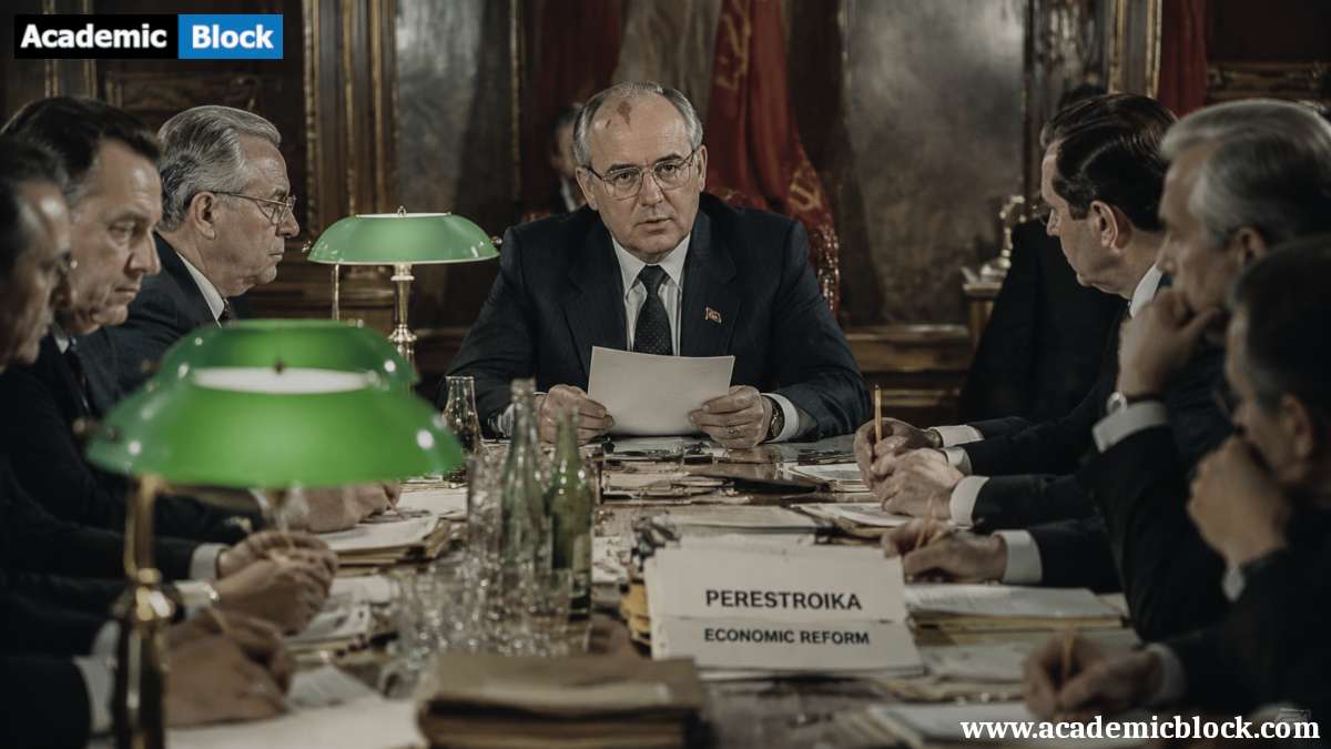 A tense, meeting in the Kremlin showing a Gorbachev-like Soviet leader presenting documents to senior Politburo officials.
